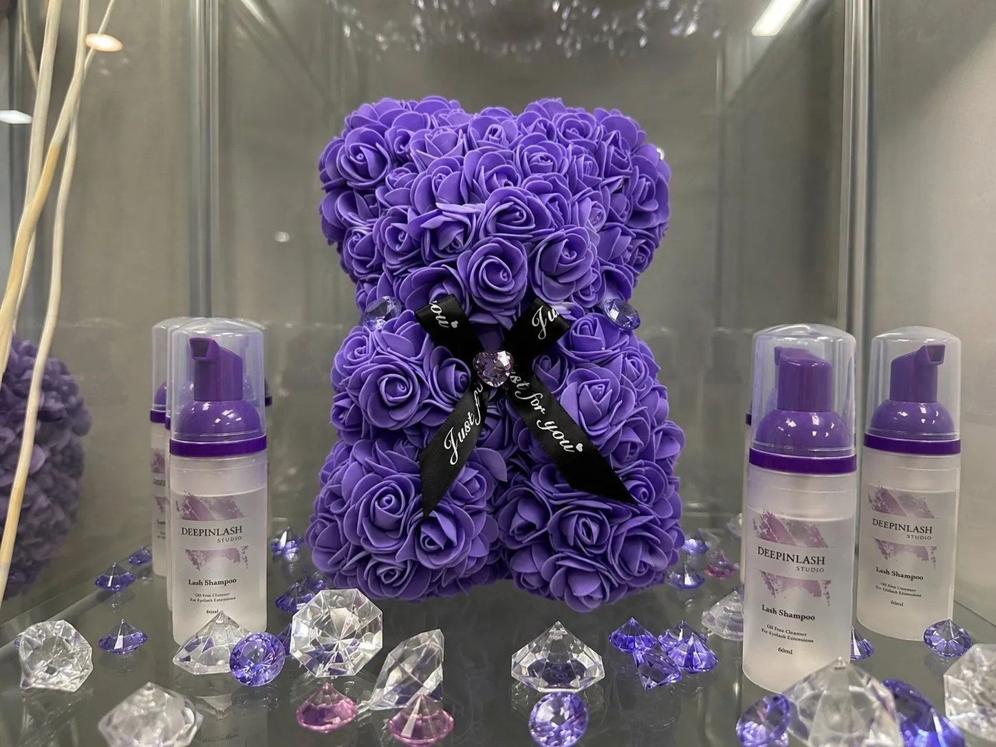Lash shampoo and aftercare products on the retail shelf, DEEPINLASH Brooklyn