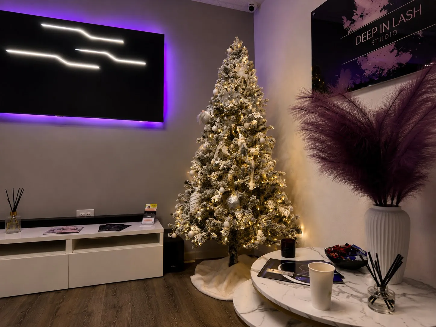 Seating lounge decorated for the holidays at DEEPINLASH, Gravesend Brooklyn